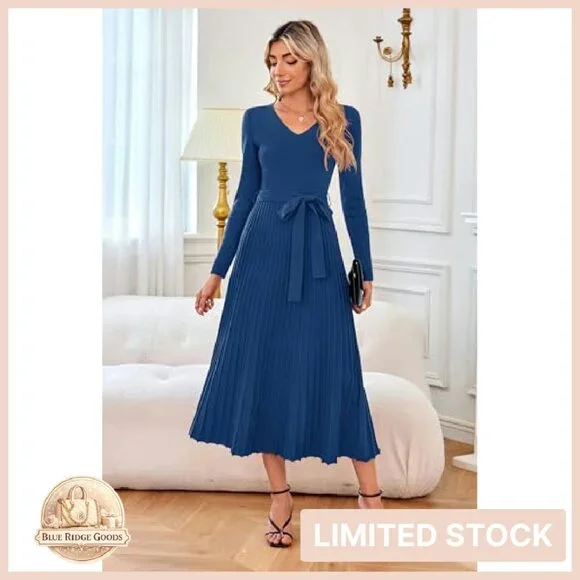 Wool Blend Tie Waist Pleated Sweater Dress Elegant Fall Winter Chic